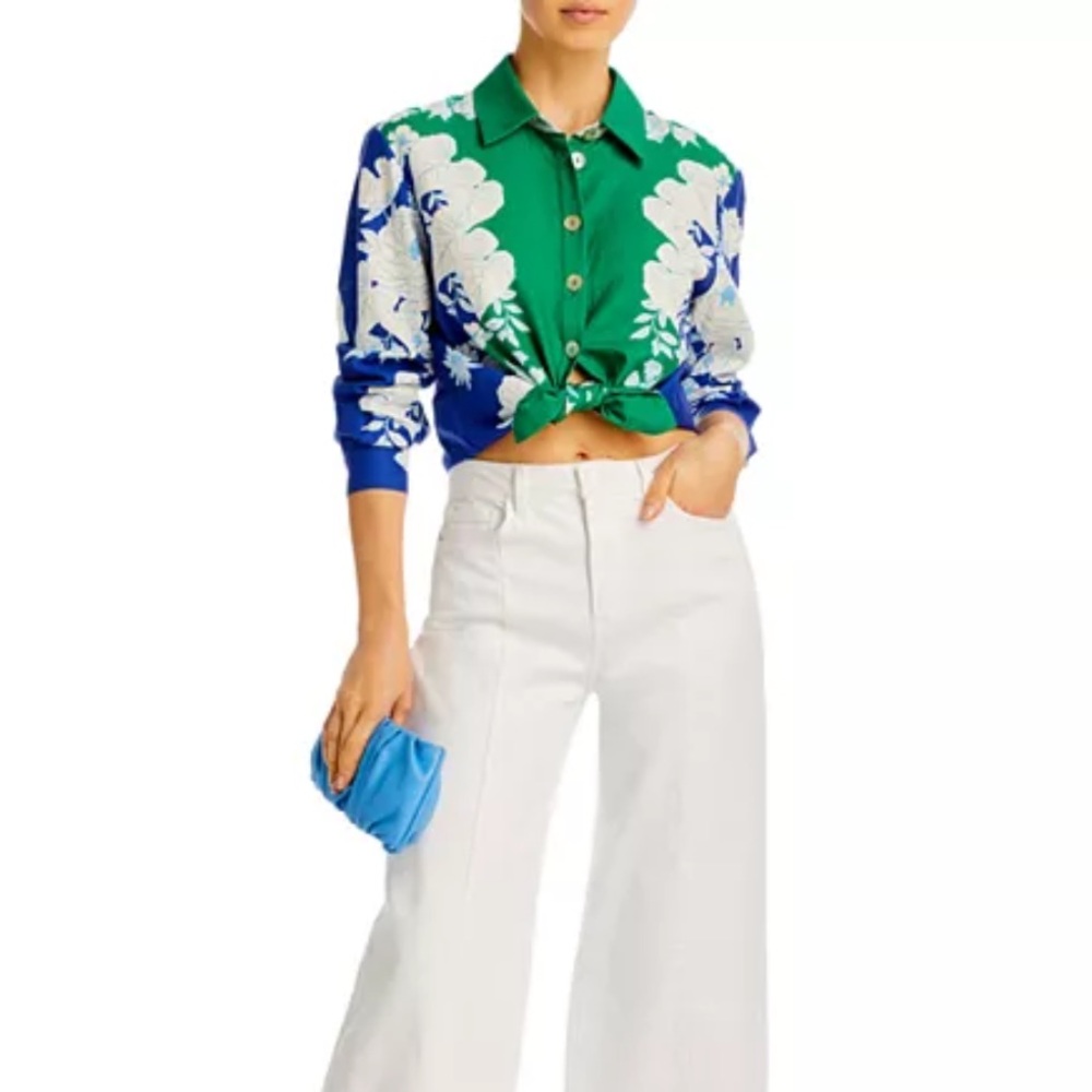 Farm Rio Soft Garden Linen Button Front Shirt Blue Green